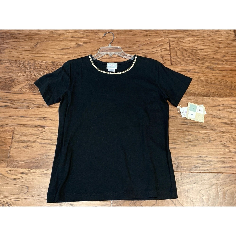 Susan Bristol‎ Casuals Black Short Sleeve Beaded Neckline Top Women's Small NWT